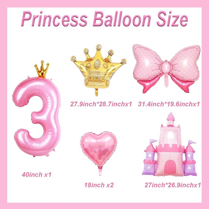 Princess Balloons for 3rd Birthday Decorations for Girls Pink Castle Balloons Large Pink Crown Number 3 Balloon for Princess Birthday Party Decor Supplies