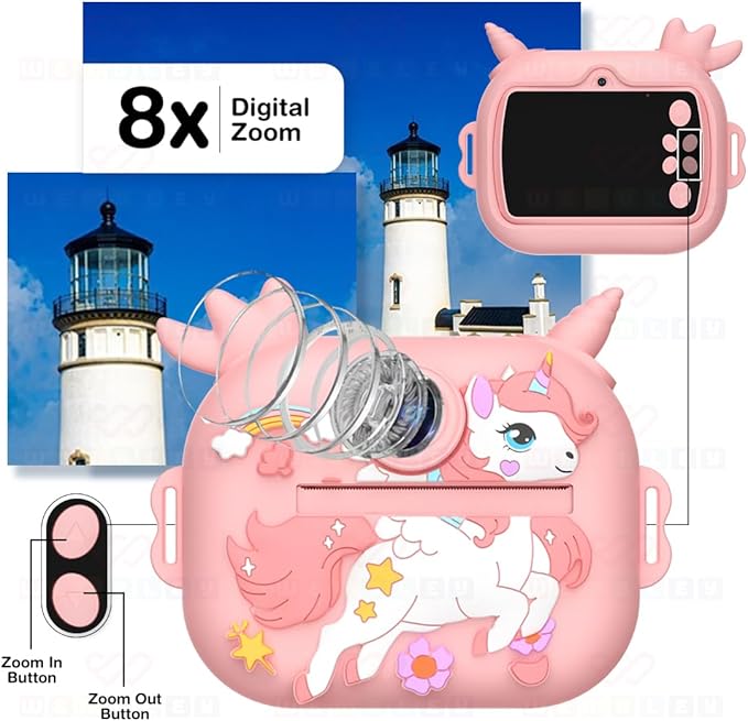 Wembley Kids Camera Instant Print with Dual Lens | Birthday Gift Toys for Boys & Girls 3–10 Years | Unicorn Digital Toddler Camera Thermal Printer | Selfie & Video | Rechargeable | 32GB SD Card Pink