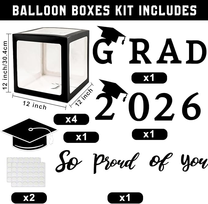 Graduation Decorations Class of 2026 - Black and Gold Graduation Decorations - Balloons Boxes with Letters 2026 GRAD So Proud of You, Congrats Grad Party Decorations for Any Grades