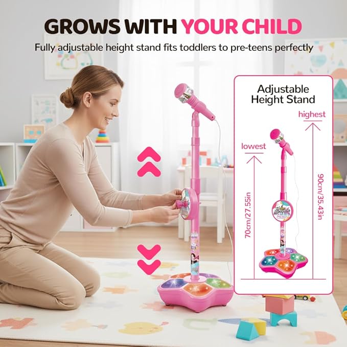 Karaoke Star Machine with Light, 2026 Upgrade Star Microphone with Stand, All in One Funny Karaoke Microphones with Adjustable Stand for All Ages, Birthday Gifts (not Included adeapter Cable) (Pink)