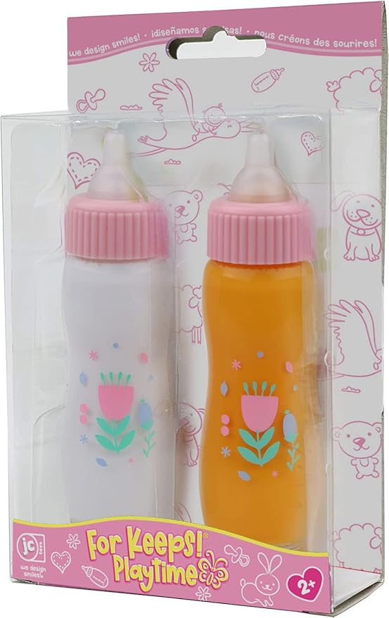 JC Toys Deluxe Disappearing Magic Bottles | Fits All Dolls | Milk and Juice | Flower Theme | Ages 2+ , Pink
