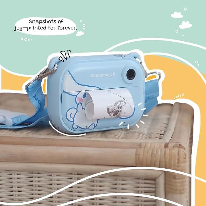 kiimento Sanrio Licensed Instant Print Digital Camera, Best Travel Buddy Cinnamoroll, 2.4” HD Screen, Ink-Free B&W Printing, Selfie Lens, 1080p Video, 32GB Memory Card (Model P)