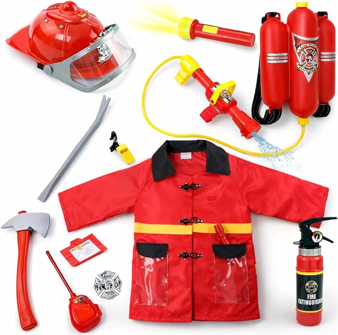 12 Piece Kids Fireman Costume Gear Firefighter Chief Dress Up Clothes for Role Play Toy Set with Backpack Water Gun, Fire Extinguisher and Accessories