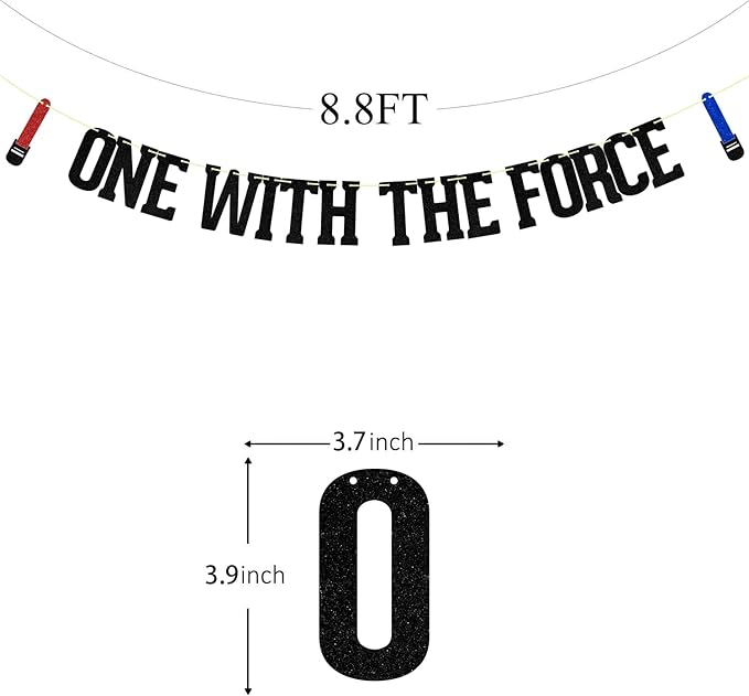One with The Force Banner, Happy 1st Birthday Decors, Baby Boy First Birthday Party Supplies Black Red Blue Glitter