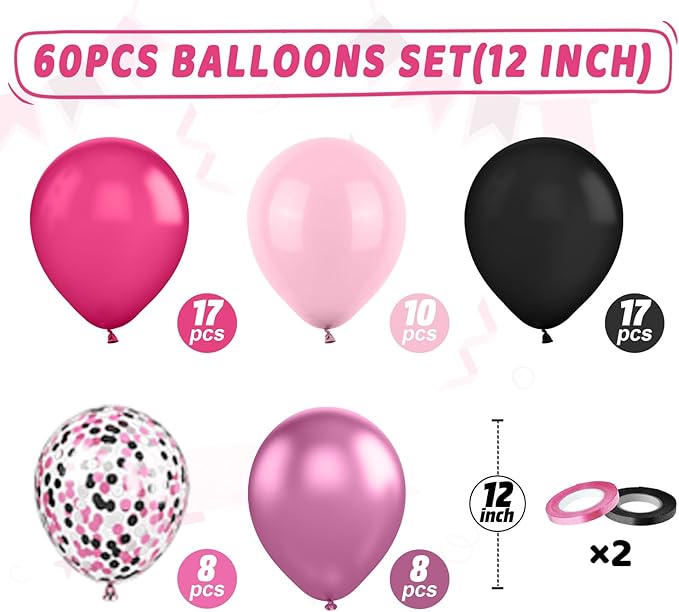 Pink and Black Balloons, 60Pcs 12 Inch Hot Pink Light Pink Black Confetti Metallic Pink Party Balloons for Girl Birthday Theme Party Wedding Engagement Bachelorette Bridal Shower Decorations