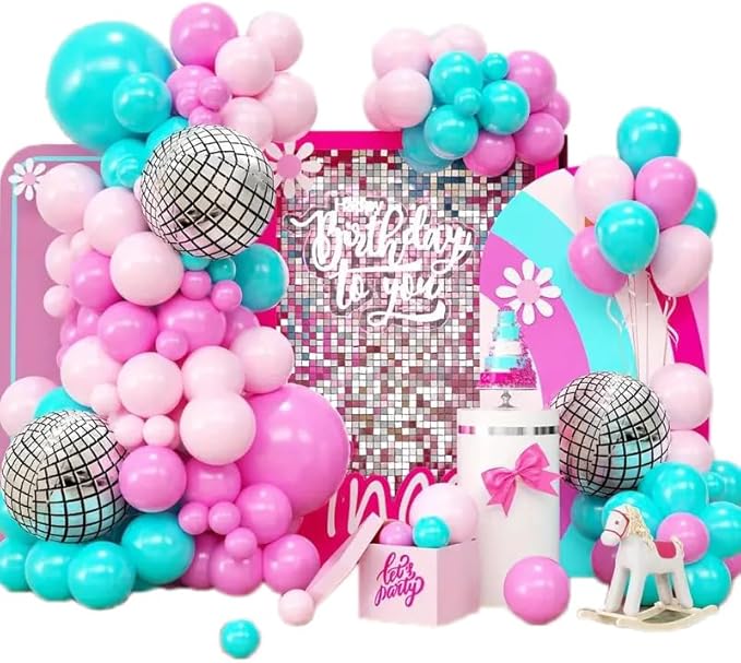 FBQ 110 Pcs Disco Balloons Garland Arch Kit Latex Balloon Birthday Party Graduation Party Decoration Supplies(baby blue pink)