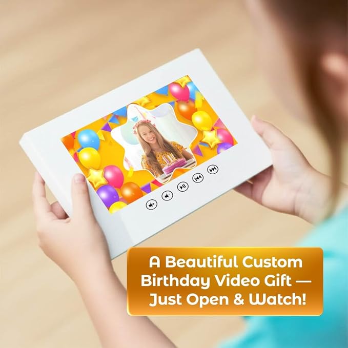 Video Greeting Card for Kids – Personalized Birthday Slideshow – Upload Photos – 7” Digital Display, 512MB Memory, USB Rechargeable, Full Color LCD Screen