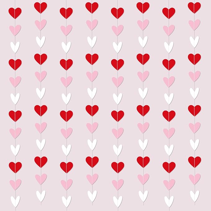 Capoda 8 Pcs Valentine's Day Garland Decorations Red Pink White Heart Garland Banners Solid Outlined Romantic Hearts Hanging Banners for Sweet Day Birthday Wedding Anniversary Party Supplies