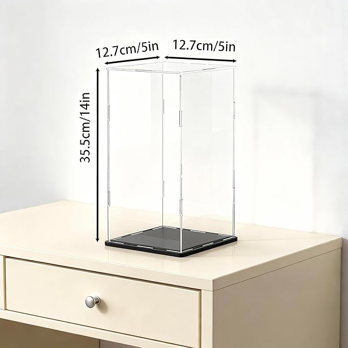Acrylic Display Case with Matt Black Base and Lid, Dust-Proof Acrylic Box, Tall Showcase Counter-Tops Box for Red Wine Bottles, Figures, Dolls and Colletables (5x5x14 inch)