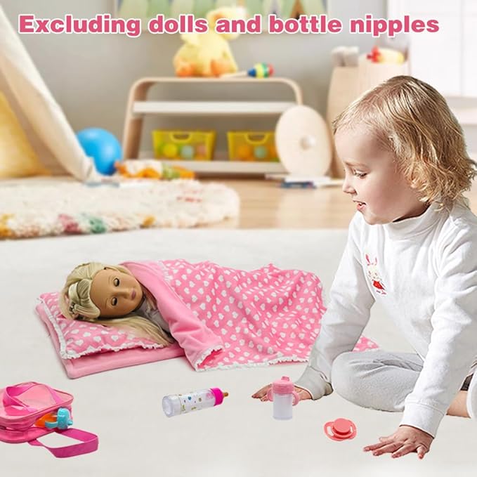 Baby Doll Accessories Dollhouse Bedding Set - Doll Blanket, Pillow & Mattress Playset for 18" Dolls,Gifts for Boys Girls Ages 3 4 5 Year Old (Pink Heart)