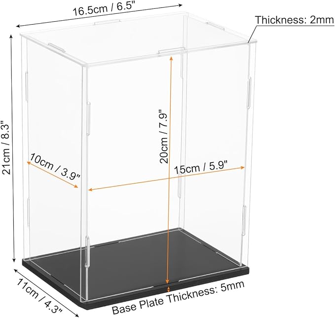 uxcell Acrylic Clear Display Case for Collectibles Self-Assemble Display Boxes, Black Base Dustproof Countertop Storage Box for Collectibles Action Figures, 5.9 x 3.9 x 7.9 Inch