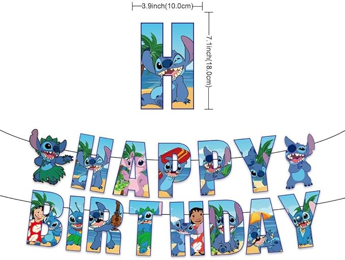 Stitch Party Supplies, 102 PCS Birthday Decorations Set Include Banner, Balloons, Stickers, Hanging Swirls, Cake Cupcake Toppers, Tablecloth for Boys Girls Stitch Theme Party
