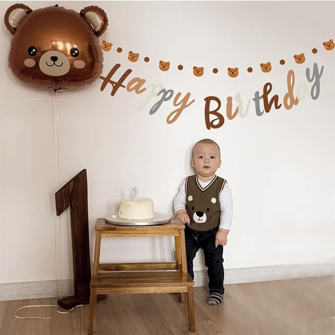 Bear Theme Happy Birthday Banner with Cute Bear Banner, Bday Party Pennant Decor, Wild One Woodland Bear First Birthday Party Supplies