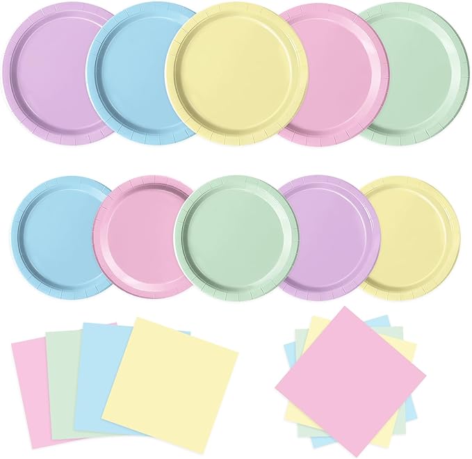 Oigco 150 PCS Pastel Birthday Decorations - Pastel Paper Plates and Napkins - Rainbow Party Decorations for Birthday Baby Shower Wedding, Serves 50