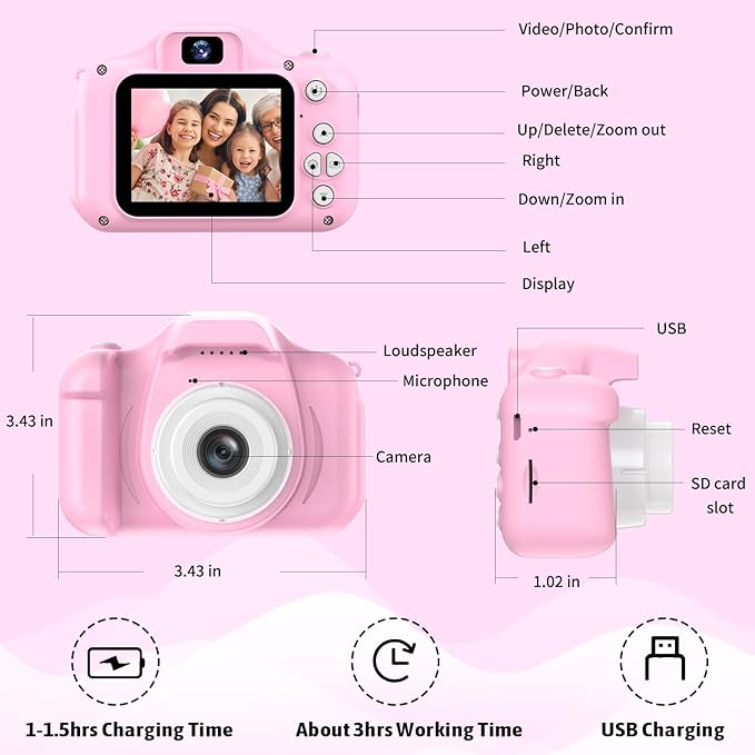 Kids Camera Toys,Children Digital Video Camera Gift for Girls Boys 3-12 Age Kids,Chritmas Birthday Festival Present for 3 4 5 6 7 8 9 10 11 12 Year Old Toddler Child (Pink)
