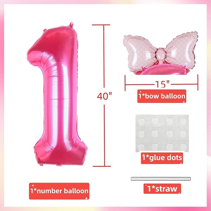 40 Inch Pink Number 1 Balloon with Mini Bow Balloon for Girls 1st Birthday Decorations, Pink Mouse Princess Western Cowgirl Theme Birthday Party Balloons Decorations Supplies