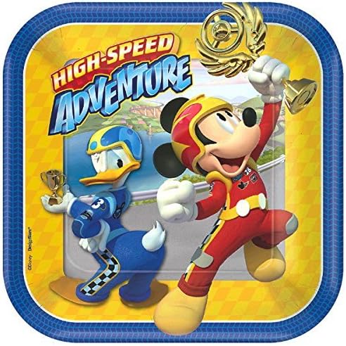 Amscan Mickey Mouse Roadster Party Supplies Bundle for 16 Guests - Includes 16 Paper Plates, 16 Paper Napkins, 1 Plastic Table Cover, 1 Dinosaur Sticker Sheet