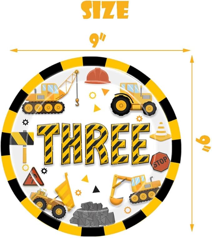 Construction 3rd Birthday Plates Construction Three Years Old Disposable Paper Dinner Plates Dinnerware for Dump Truck Theme 3rd Birthday Party Supplies Decorations