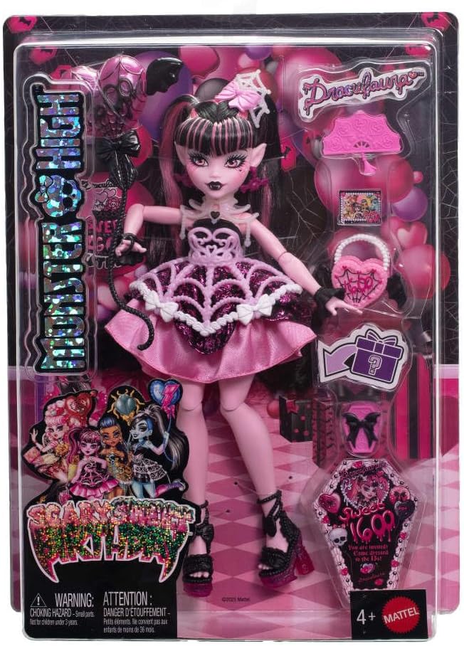Monster High Scary Sweet Birthday Doll, Draculaura in Pink Party Dress with Themed Accessories Like Invite, Balloon, Gift, Fan and More
