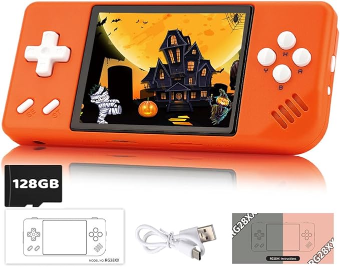 RG28XX Retro Game Console 2.83 Inch 640*480 IPS Screen Linux System Built-in 128GB TF Card,with 3100mAh Battery Linux System Games Consoles,Support HD and TV Output Casual Game Console(Orange)