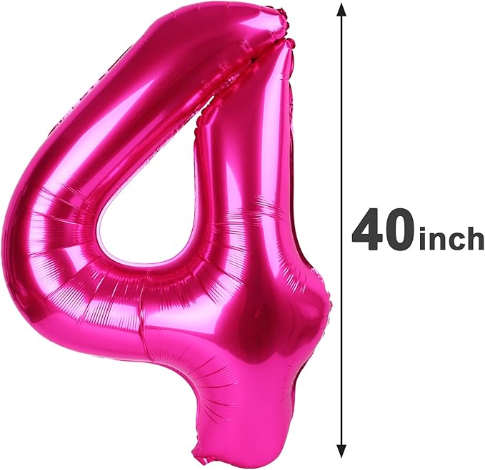40 Inch Hot Pink Large Number 4 Birthday Balloon, Giant Number Four 14 24 34 40 44 Balloons, Foil Mylar Big Balloons for Anniversary Graduation Supplies Decorations