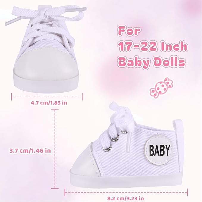 BABESIDE Reborn Baby Doll Shoes, 17-22 Inch Baby Doll Accessories Doll Canvas Shoes with Laces for Realistic Babydolls Girls & Boys, White with Letter Pattern