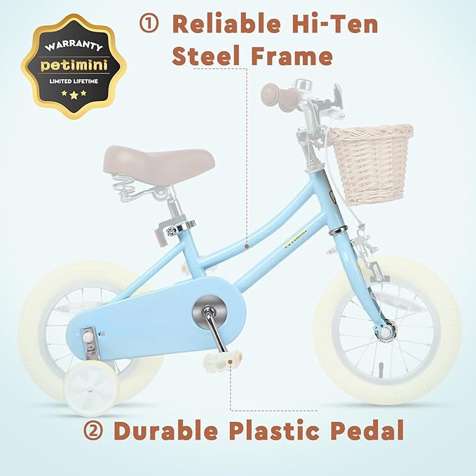 Petimini Vintage Kids Bike for Girls, 12–20 Inch Classic Bicycle with Wicker Basket & Bell, High Tensile Steel Frame, Training Wheels (12–18”), 85% Pre-Assembled, Retro Bike for Outdoor Riding