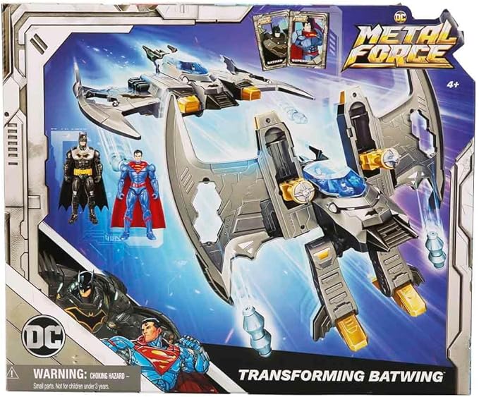 DC Comics, Metal Force Transforming Batwing, 2-in-1 Playset, Includes Batman and Superman Figures, with Projectiles and Character Cards, Kids Toy for Boys Ages 4 and Up