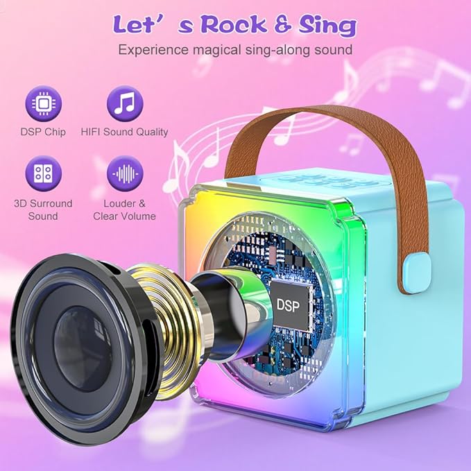 Mini Karaoke Machine for Kids Adults, TOP Toy Gift Bluetooth Karaoke Speaker with 2 Wireless Microphones, LED Party Lights, AUX/USB/TF- Christmas Birthday Gifts for Girls Boys Ages 3-12+, Blue