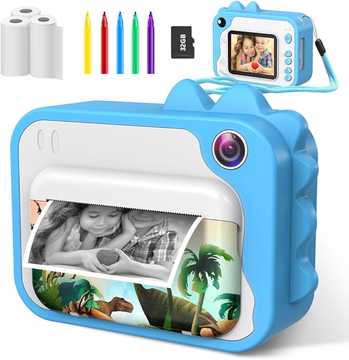 Kids Instant Print Camera 1080p for Ages 3-12 - Ink Free Printing Dinosaur Toddler Camera, Christmas Birthday Gifts for Boys Girls 3-12 Years Old (Blue)