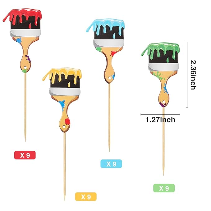 36pcs Paint Brush Cupcake Toppers Painting Cupcake Picks Toothpicks for Art Theme Cake Decorations Artist Birthday Party Favors Supplies