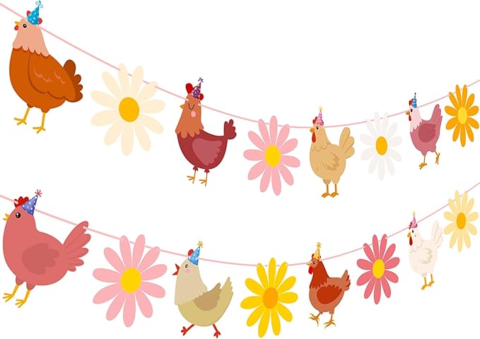 Chicken and Daisy Banners Chicken Birthday Party Decorations 2PCS Chick Hen Boho Flower Cutout Banner Farm Theme Decor for The Chick is One Birthday Party Supplies