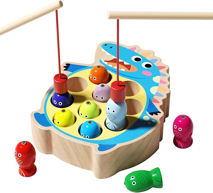Magnetic Wooden Fishing Toy for Toddlers 2-4, Crocodile Montessori Toys for 2 3 4 Year Old, Fine Motor Skills Early Educational Learning Toy for Kids Boys Girls (Dinosaur)
