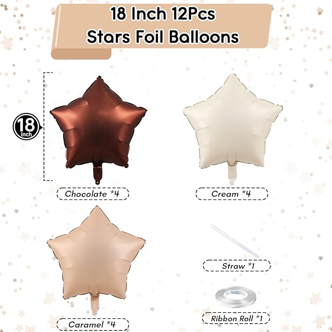 Cream Star Foil Balloons, 18 Inch Brown Beige Netural Stars Shape Balloons 12 Pcs Chocolate Apricot White Pentagram Foil Balloon Tan Nude Helium Balloon for Boho Baby Shower Birthday Wedding Party