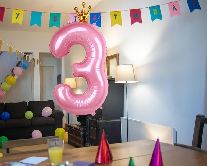 40 Inch Crown Pink Number 3 Balloon, Big Conjoined Baby Pink Foil Mylar Helium 3 Balloon for Girls 3rd Birthday Party Decorations Princess Theme Party Decorations Supplies Anniversary Decor