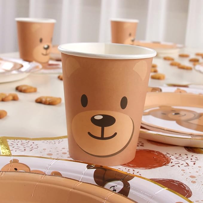 Brown Teddy Bear Baby Shower Plates - Teddy Bear Paper Plates,Disposable Cups,Napkin with Firework Pattern in Golden Border for 24 Bear Theme Party Supplies ,Baby Shower Wedding Birthday Party