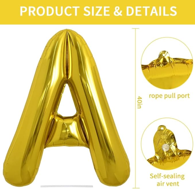 TONIFUL 40 Inch Large Gold Letter A Helium Balloons,Foil Mylar Big Balloons for Birthday Party Anniversary Supplies Decorations