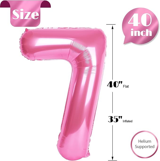 Pink 7 Balloon, Number Balloons 40 Inch, 7th Birthday Decorations for Girls Kids, Party Decoration for Women, Number 7 Balloon