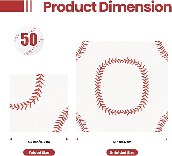 50PCS Baseball Paper Napkins 13 x 13 Inches Luncheon Napkins Cocktail Napkins Disposable Sports Theme Decorations for Kids Baby Shower,Birthday Party,Baseball Theme Party Supplies