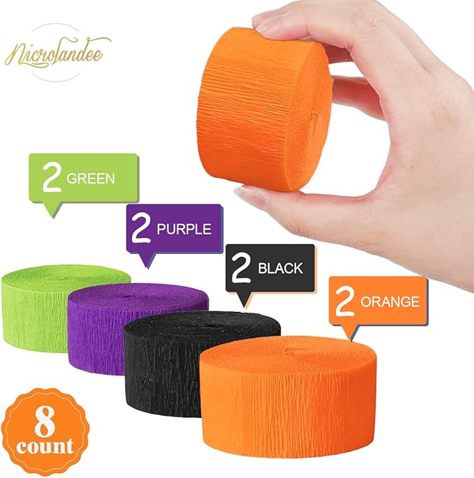 NICROLANDEE Halloween Crepe Paper Streamers - Black & Orange, 82ft Long, 8 Rolls for Halloween Theme Horror Party, Birthday & Home Party Backdrop Decorations