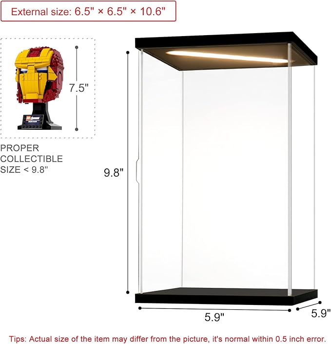 Acrylic Display Case for Collectibles Clear Acrylic Boxes for Display Figures Memoribilia Lighted Building Helmet Model 76165 Display Case Storage Box(Black-Solid Yellow; 5.9*5.9*9.8 inch)