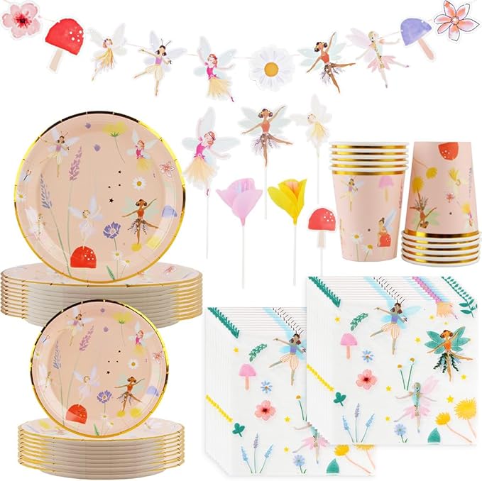 57Pcs Fairy Disposable Tableware Set Flower Fairies Mushroom Party Plates Cups Napkins Sets Fairy Cake Topper Banner Fairy Party Decorations Supplies Girls Birthday Party Decor(10 Guests)