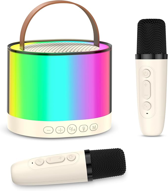 ORIA Mini Karaoke Machine, Bluetooth Karaoke Speaker with 2 Wireless Microphones, Wireless Karaoke Singing Machine with 5 Voice Changer, LED Colorful Lights, for Adults Kids Home Party