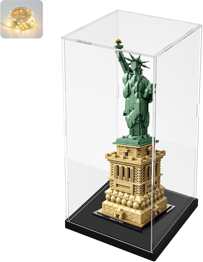 Thickened Clear Acrylic Display Case for Lego 21042 Statue of Liberty Collectibles, Self-Assembly Transparent Box Protection with Wood-Plastic Base & String Light, Black Inside 7.9x7.9x19.7 inch