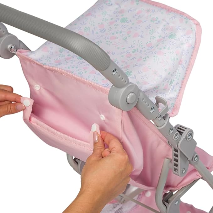 JC Toys - Berenguer Boutique | Fashionable Stroller with Canopy and Storage | Simple Folding |Pink Floral Collection | for Dolls up to 18" | Ages 3+