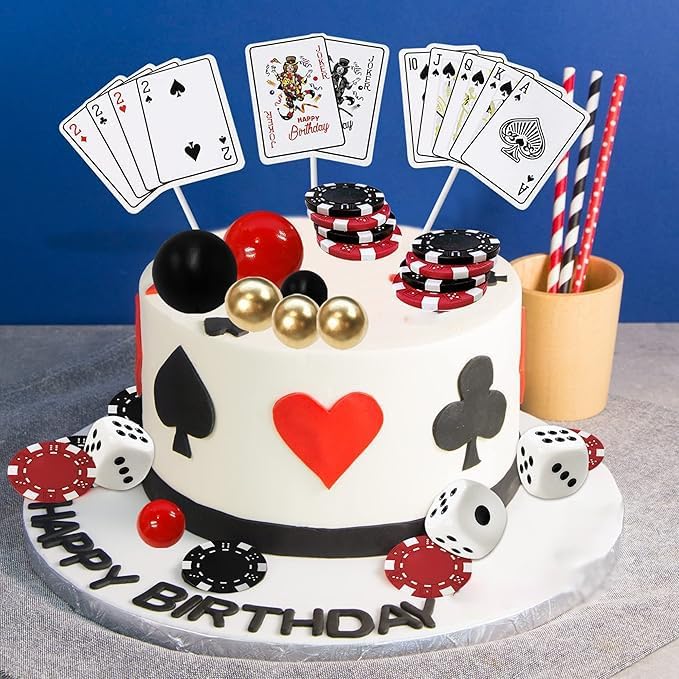 29PCS Casino Cake Decoration Dice Poker Chips Cupcake Cake Topper Set Ball Cake Topper Playing Card Game Theme Picks for Las Vegas Scene Birthday Party Decoration Supplies