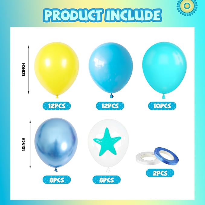 Blue and Yellow Balloons, 50PC 12 Inch Yellow Light Metallic Blue Teal Transparent Starfish Print Balloons for Ocean Themed Birthday Baby Shower Beach Pool Party Decorations