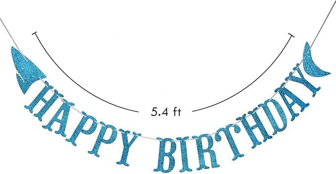 Shark Happy Birthday Banner and Shark Garlands, Ocean Beach Under The Sea Theme Party, Shark Party Supplies (Blue)