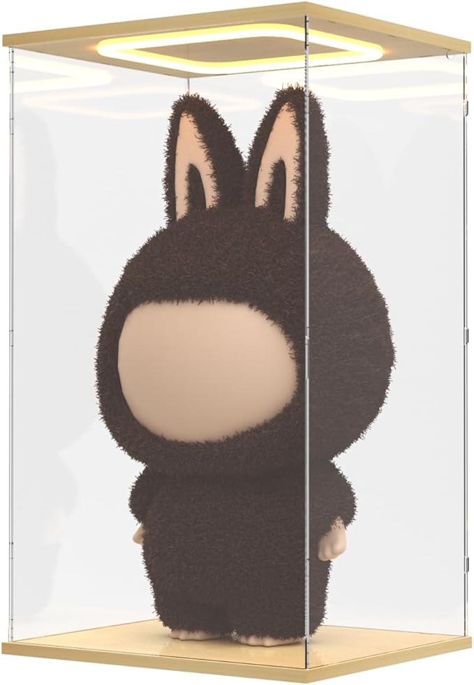 Nynelly Acrylic Display Case for Zimomo Labubu with Light, Clear Display Box for Large Collectibles Doll, Assemble Dustproof LED Showcase Storage Box with Door & Wooden Base, 13.8x11.8x23.6in