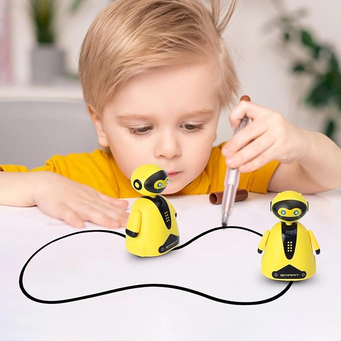 Mini Magic Inductive Robot Toy Tracer Bot Interactive STEM Toy Follow Black Line with LED Light Educational Toys for Kids (Yellow)